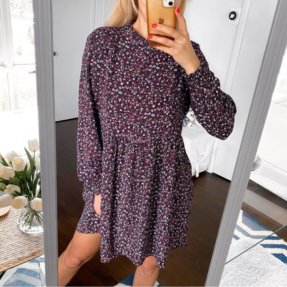 🌸 JACQUELINE DE YONG BOHO BLACK WHITE MULTI FLORAL MOCK NECK LONG SLEEVE DRESS! - Picture 5 of 12